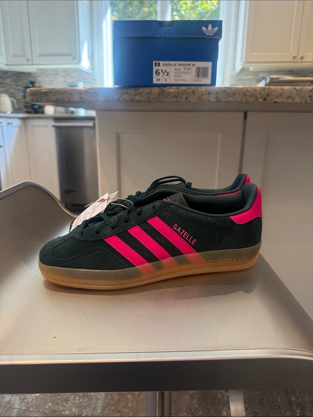 NIB adidas Gazelle Indoor Womenโs Black Suede Sneakers with Pink Stripes